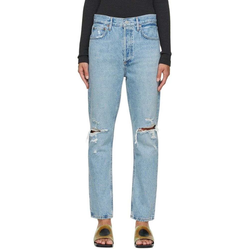 Agolde Blue Riley Denim Jeans Distressed High Rise Button Fly Cropped Size 25
